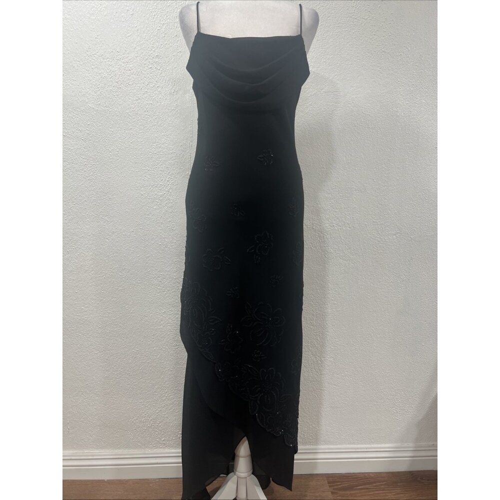 Vintage ONYX NITE Y2K Floral beads Black Maxi Dress Asymmetrical Hem Sz 12
